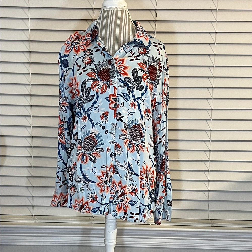 Chico's Floral Button Down Shirt - Blue, Rust Red, and Peach. SZ3